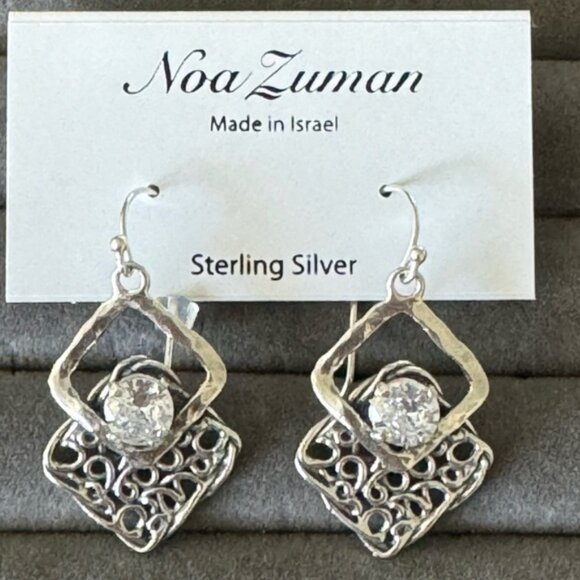 Noa Zuman Sterling Silver 925 Earrings Filigree w CZ Stone Israel 1.5in long - Picture 14 of 15